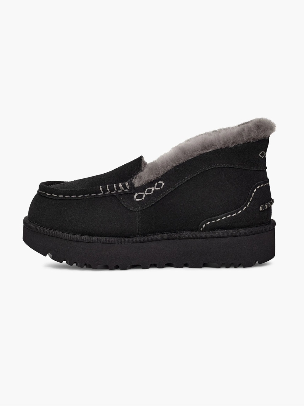 UGG Black Suede Ansley Parc Stitch Genuine Shearling Platform Slip On Shoe